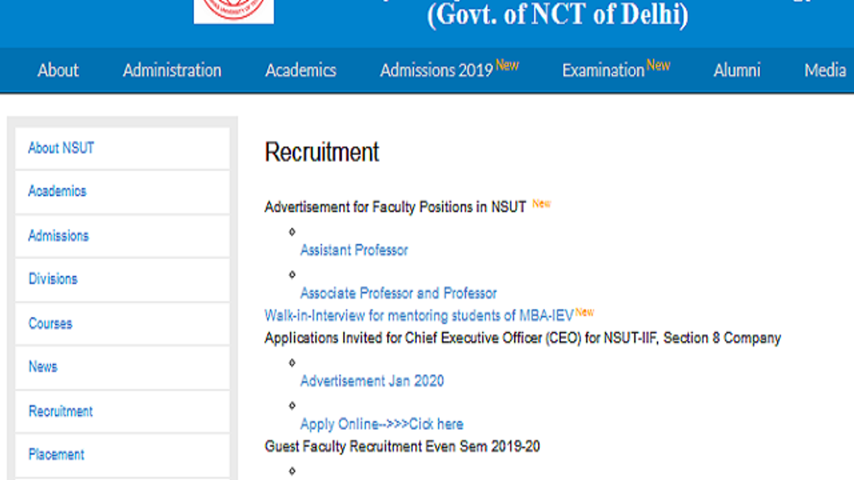 NSUT, Delhi Recruitment 2020